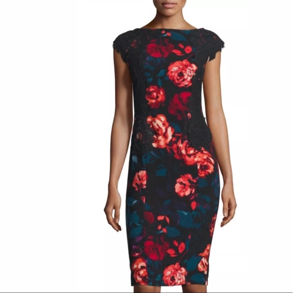 Maggy London crepe lace rose midi dress red teal 6